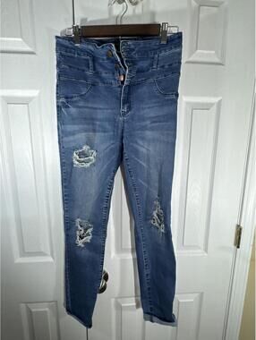Women's Distressed Blue Skinny Jeans Size 8 Button Fly